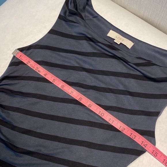 Loft Sheath Dress Sleeveless Black Gray Stripe Small Drape Neck Gathered Side - Picture 9 of 11